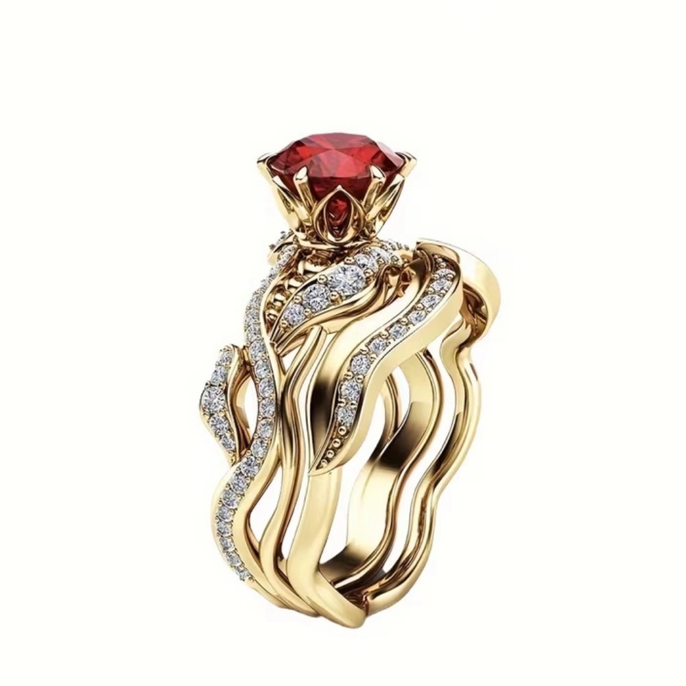 Elegant Gold and Red Gemstone Ring Set. - Picture 4 of 7
